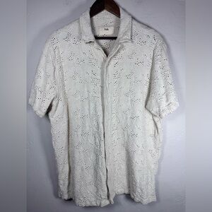 Folk Men's Cream Short Sleeve Eyelet Cotton Preppy Shirt Size Large